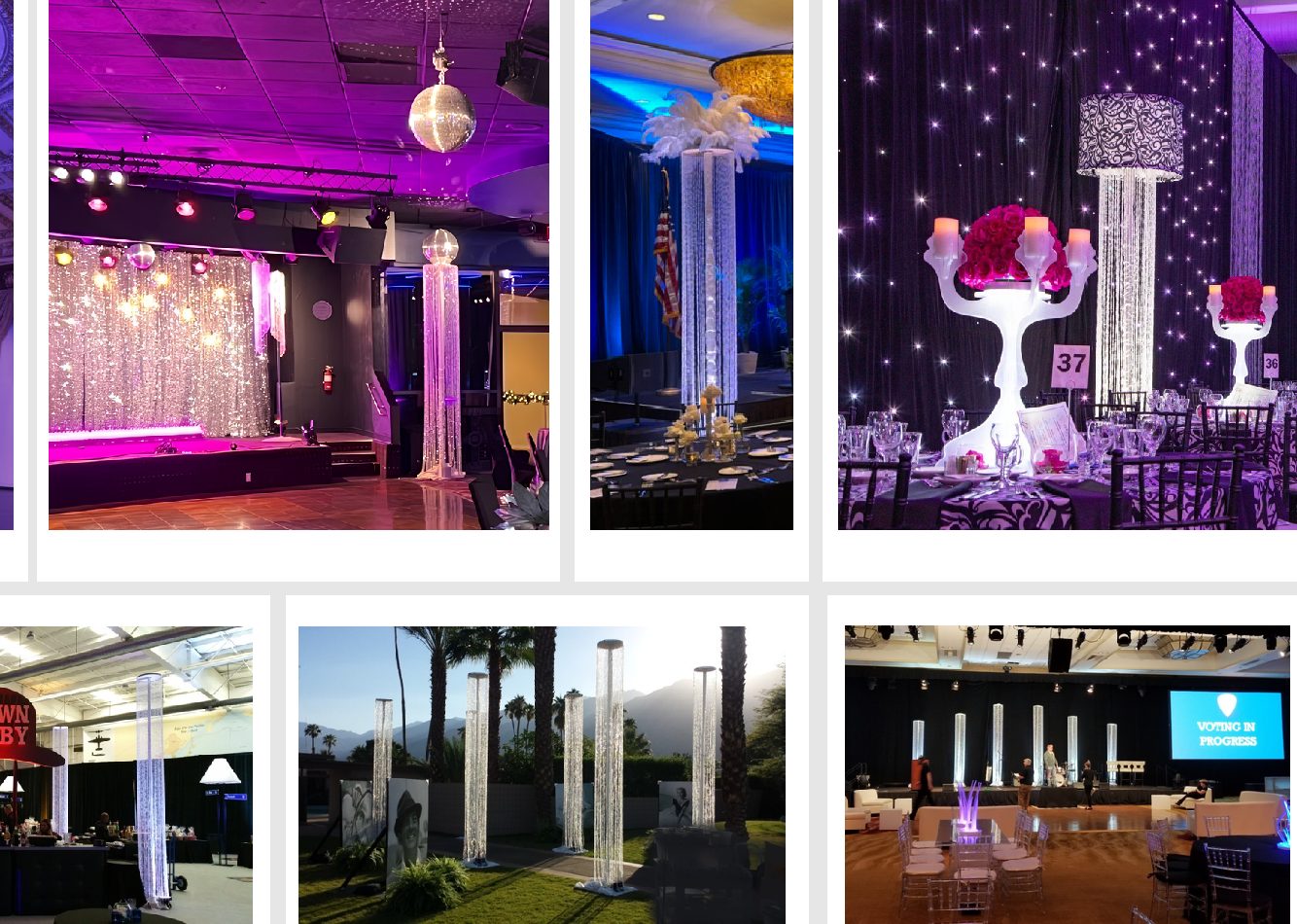 Crystal columns with chandelier, disco ball, feather and fabric shade toppers