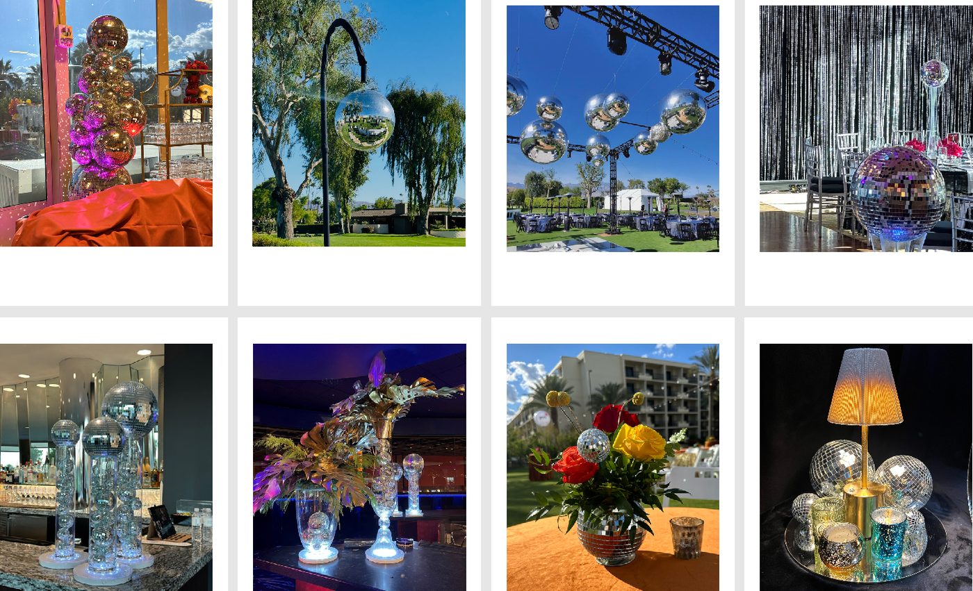 Disco ball towers, hanging installations and floral arrangements