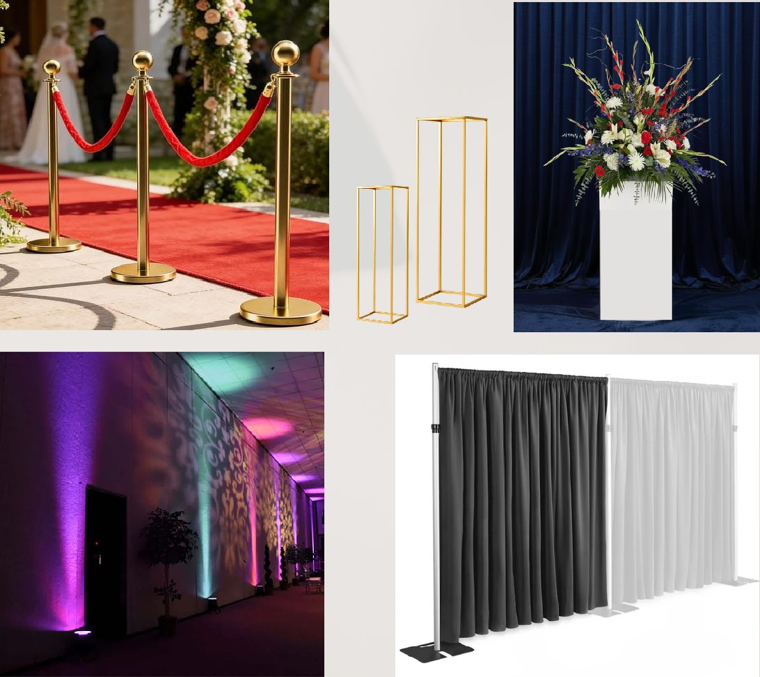 Carpet runners, stanchions, pedestals, pipe and drape, uplights
