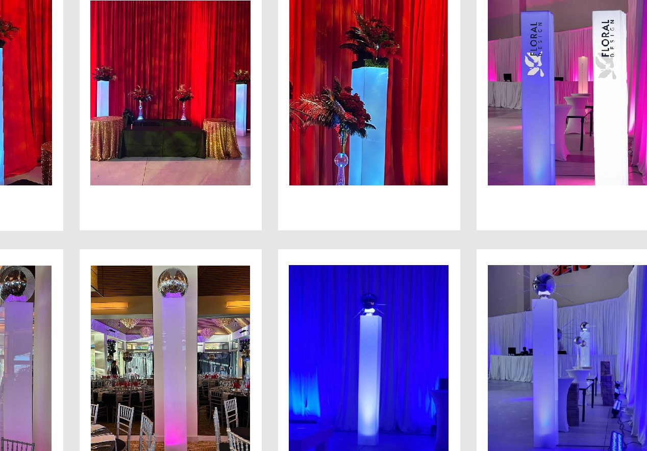 7 ft lighted acrylic columns with floral, disco ball and sputnik toppers