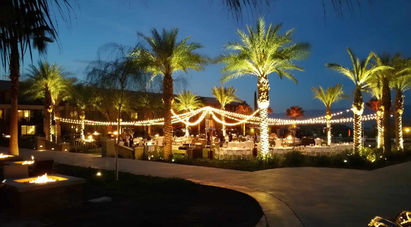 Edison stringer lights over event tables