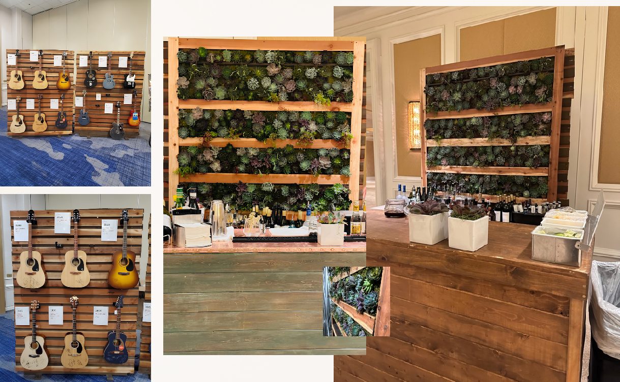 Wood slat wall with succulents and gallery display